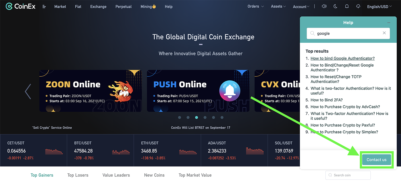 Contact opnemen met de klantenservice van CoinEx